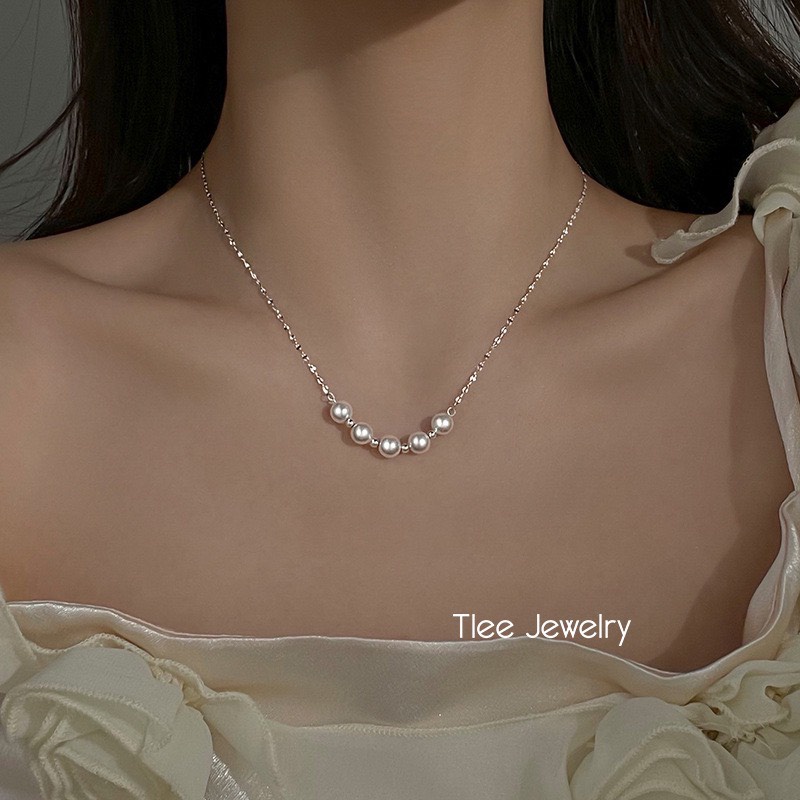 Dây chuyền bạc nữ TLEE mẫu ngọc trai nhân tạo mix dây hoa chặn lấp lánh TleeJewelry D0209