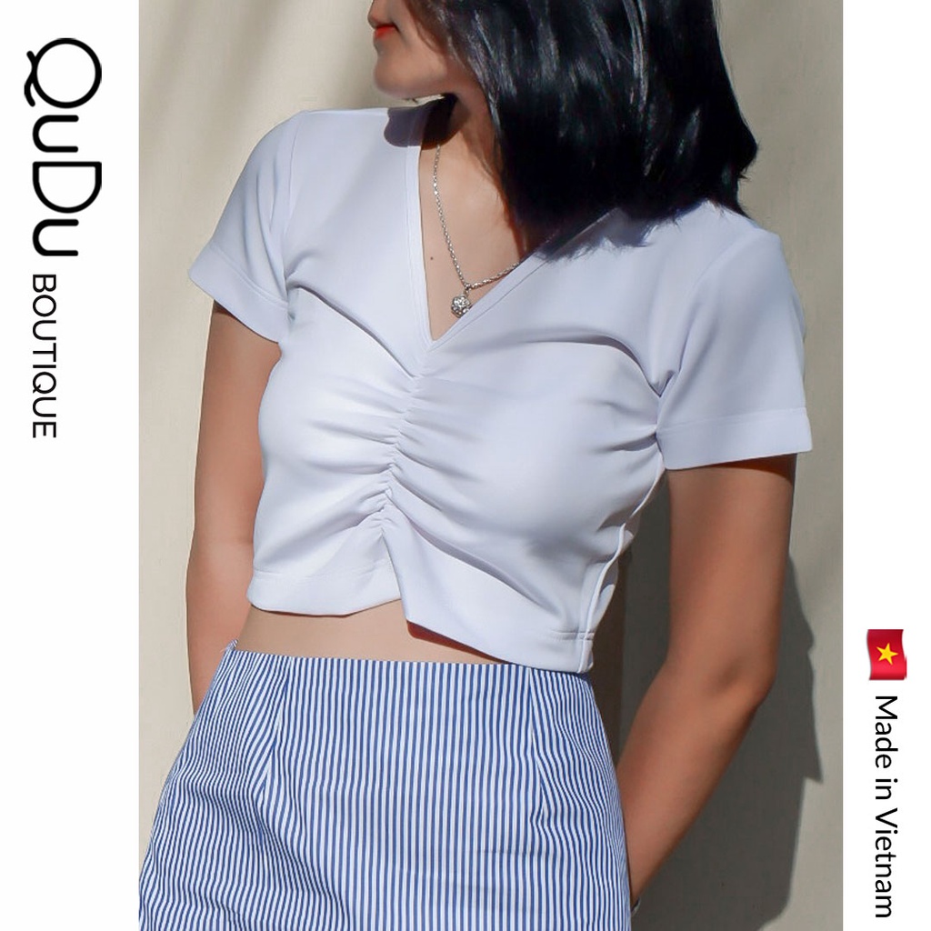 Hot Trend Áo Crotop Nữ Màu Trắng, Crotop Tay Ngắn Trắng Trơn Cổ Tim Nhún Ngực Phong Cách Hàn Quốc [ Áo Thiết Kế QuDu ]