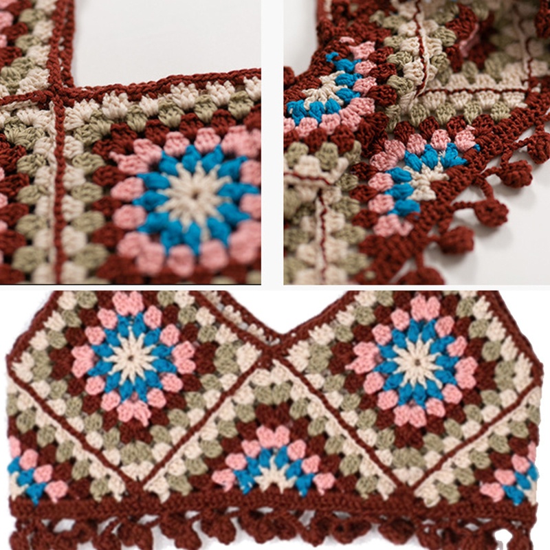 Áo Lửng Hai Dây Cổ Chữ V Họa Tiết Caro Đính Đá Phối Tua Rua Thời Trang Đi Biển Cho Nữ