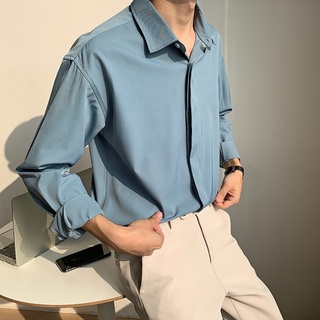 Áo sơ mi dài tay màu trơn dáng rộng phong cách Hàn Quốc tinh tế thanh lịch dành cho nam