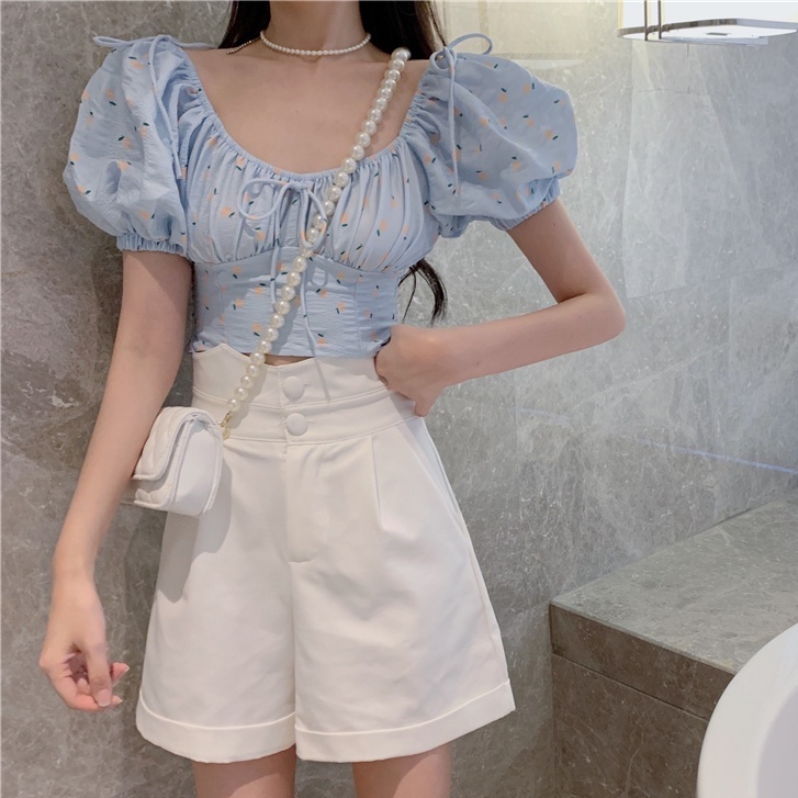 Áo croptop tay phồng cổ chữ V in họa tiết hoa kiểu Hàn Quốc thời trang mùa hè tùy chọn màu sắc cho nữ