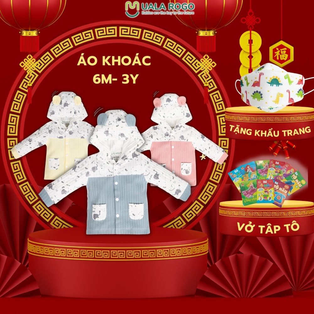 Áo khoác cho bé trai bé gái Uala rogo 6 tháng-3 tuổi mũ chùm đầu cúc bấm Cotton nỉ ấm áp quần áo trẻ em UR3905