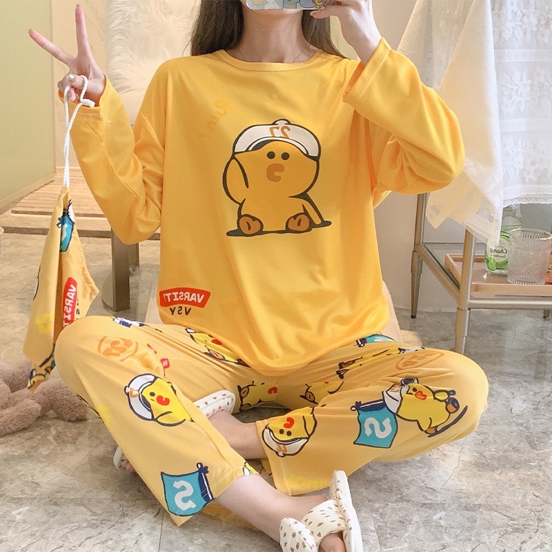 Đồ bộ thun tay dài Quảng Châu, pijama quần dài, đồ mặc ở nhà họa tiết hoạt hình dễ thương, bộ mặc nhà tặng kèm túi