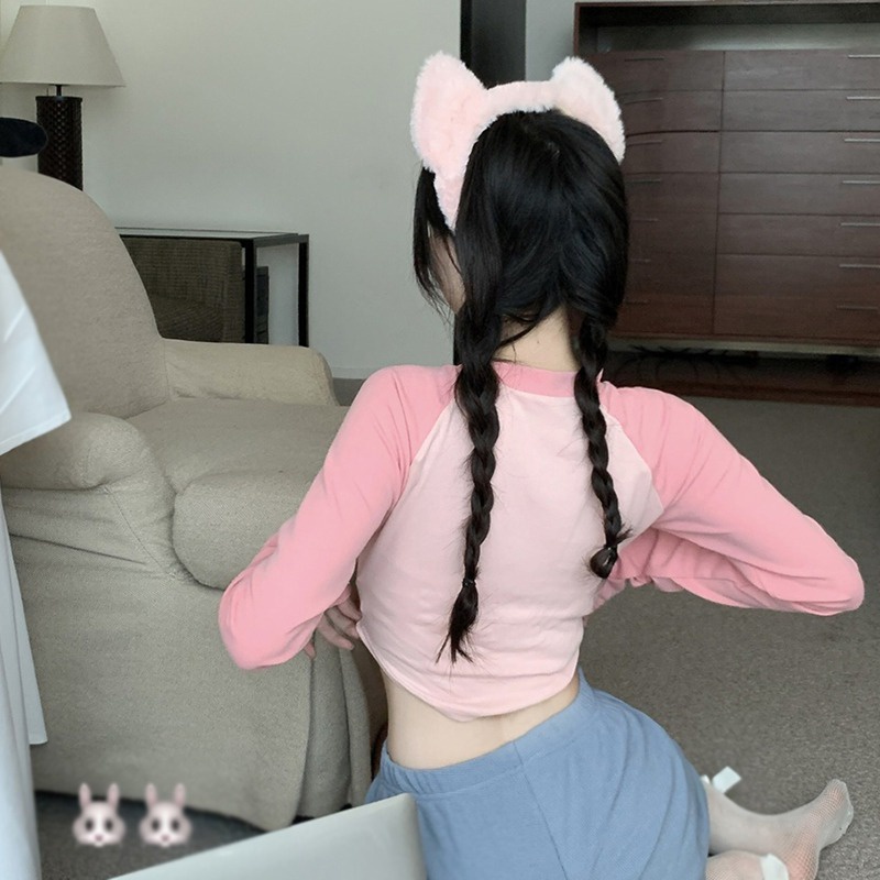 Áo Croptop Tay Dài Cổ Tròn Màu Sắc Ngọt Ngào Phong Cách Hàn Quốc Cho Nữ