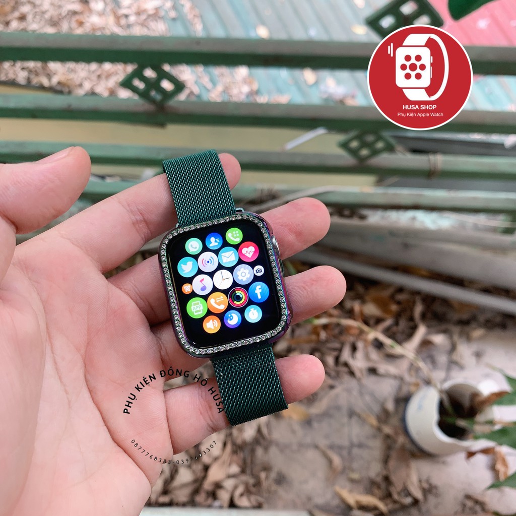 Combo Dây Milan Thép Không Rỉ và Ốp Viền Đính Đá Cho Apple Watch 1/2/3/5/6/se