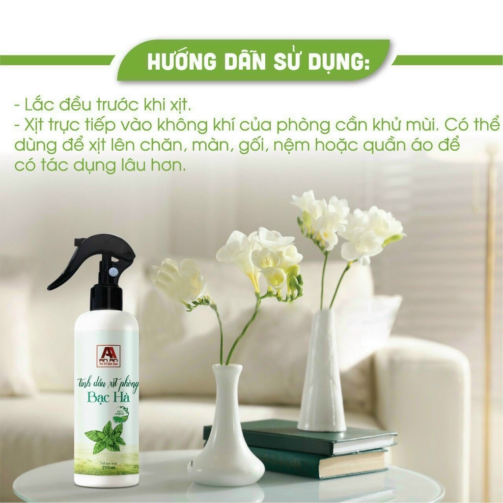 Bình xịt phòng tinh dầu sả chanh, bạc hà, quế, cam, tràm trà, oải hương giúp thơm phòng, định tâm, khử mùi 250ml An An