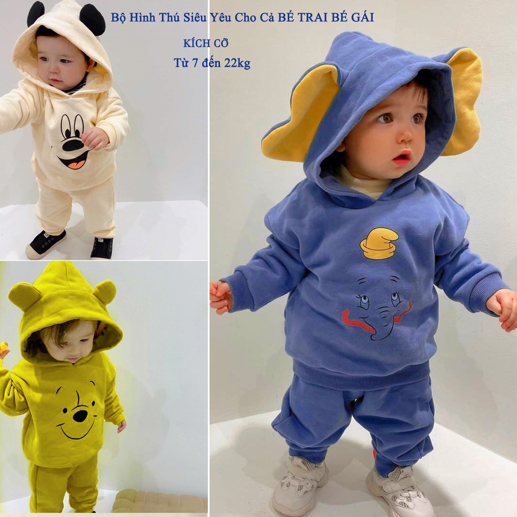 Bộ quần áo thu đông ấm áp cho bé trai,bé gái hình thú siêu dễ thương chất nỉ bông cực đẹp cho bé từ 7-22kg