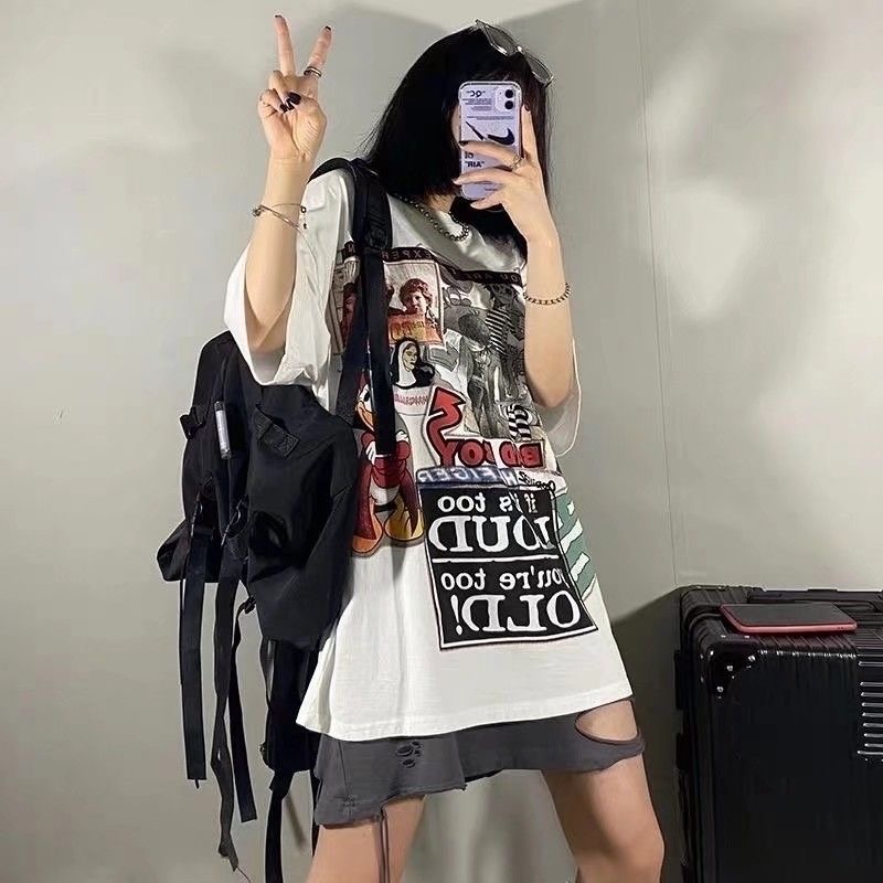 Áo thun MMIOT Y2K Y2K tay ngắn cổ tròn in họa tiết hoạt hình graffiti phong cách harajuku thời trang mùa hè size S-5XL