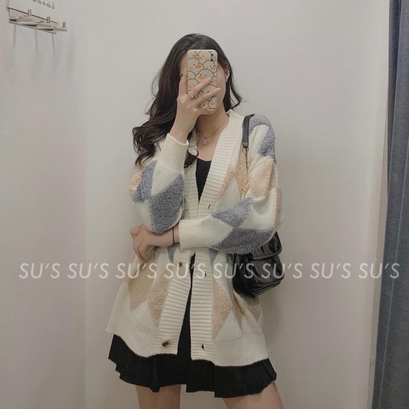 Áo khoác len cardigan trám ziczac phối màu xinh