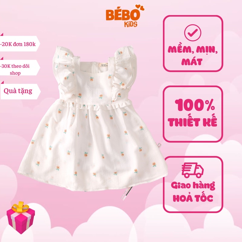 Váy đầm công chúa bé gái mùa hè BEBOKIDS V03 thiết kế hoa cúc cổ vuông cánh tiên dáng babydoll từ 1 đến 9 tuổi