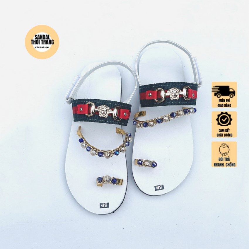 Dép sandal nữ xỏ ngón, SANDALTHOITRANG Dép sỏ ngón đính đá 2 màu Trắng/Đen full size 30-44 nam nữ