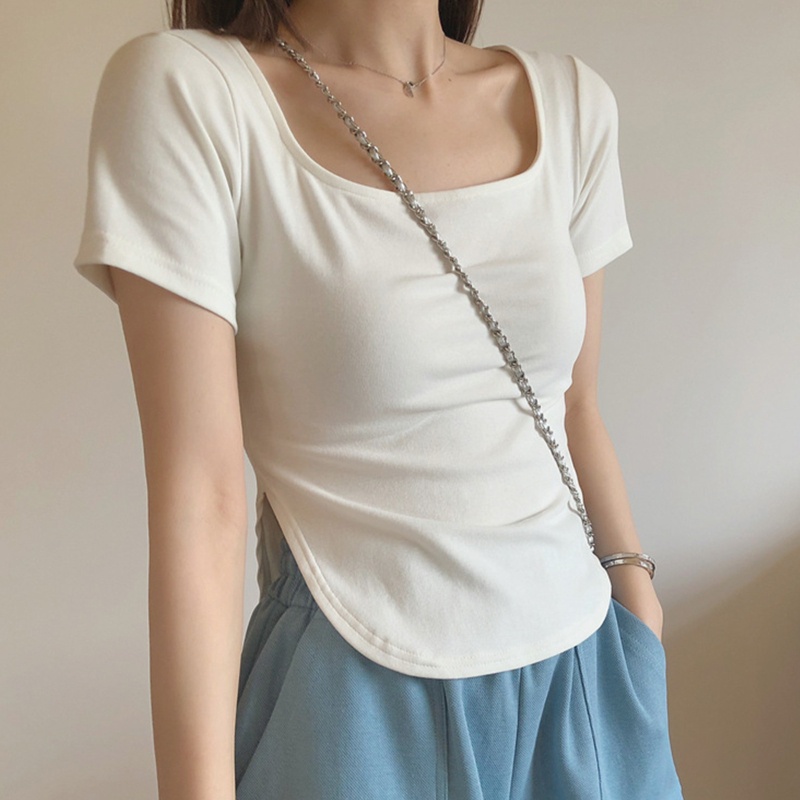 Áo Croptop Cổ Vuông Tay Ngắn Màu Trơn Xẻ Tà Viền Cong Thời Trang Mùa Hè Cho Nữ