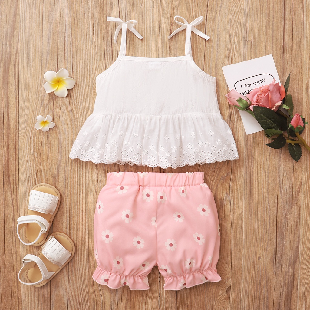 Set đồ 2 món Mikrdoo áo hai dây phối ren + quần ngắn xinh xắn cho bé gái