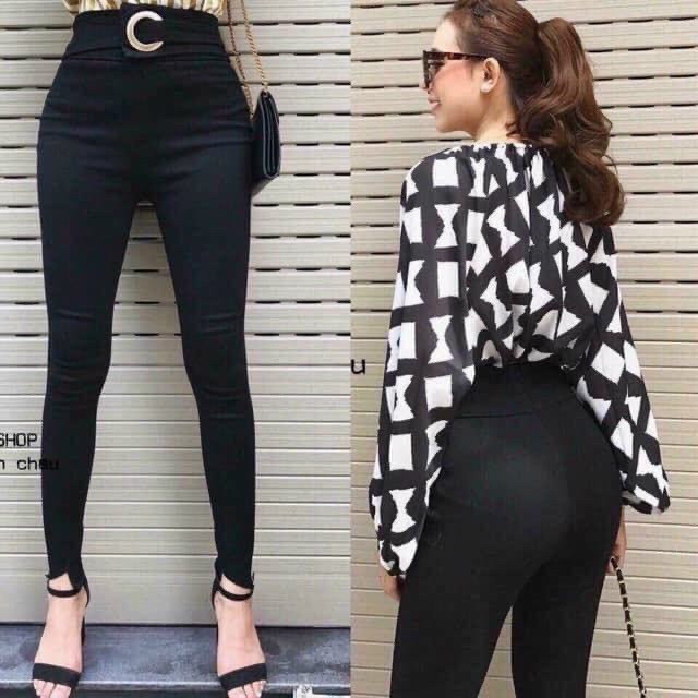 Quần legging nữ phối dây nịt tôn dáng chất thun dày co dãn