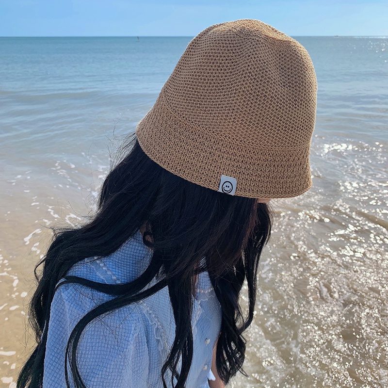 Nón Tai Bèo Đan Cói Mỏng Thoáng Khí In Hình Mặt Cười Thời Trang Mùa Hè Phong Cách Hàn Quốc Xinh Xắn