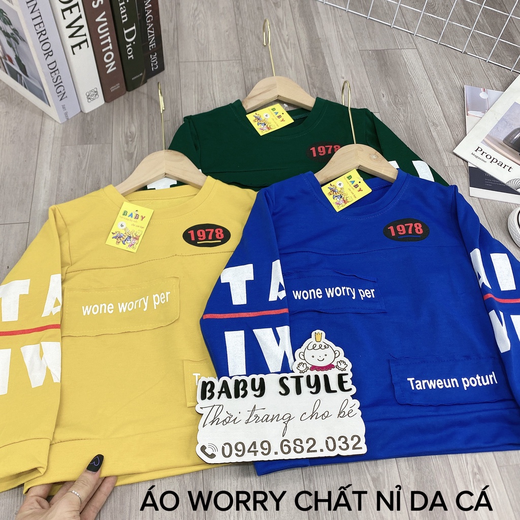 Áo nỉ thu đông da cá &quot;WORRY PER&quot; 14-45kg dành cho bé trai 4-14 tuổi. Thiết kế đẹp, vải dày dặn. B43