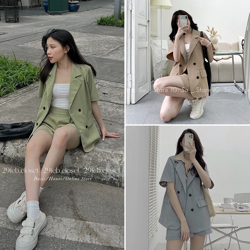 Set Bộ Blazer Cộc Tay Kèm Quần Short Form Đẹp, Bộ Vest Cộc Tay Quần Short