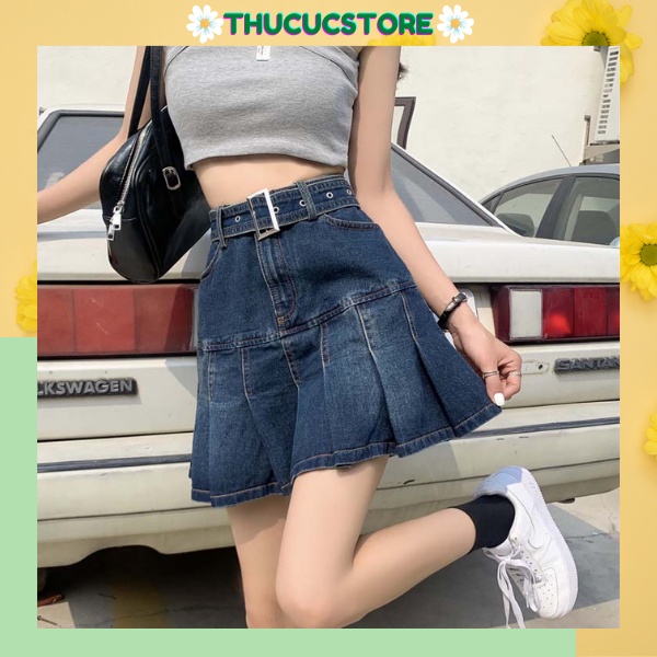 Chân váy jeans xếp ly kèm đai Thucucstore Chân váy jeans chữ A hàng chuẩn Quảng Châu loại 1