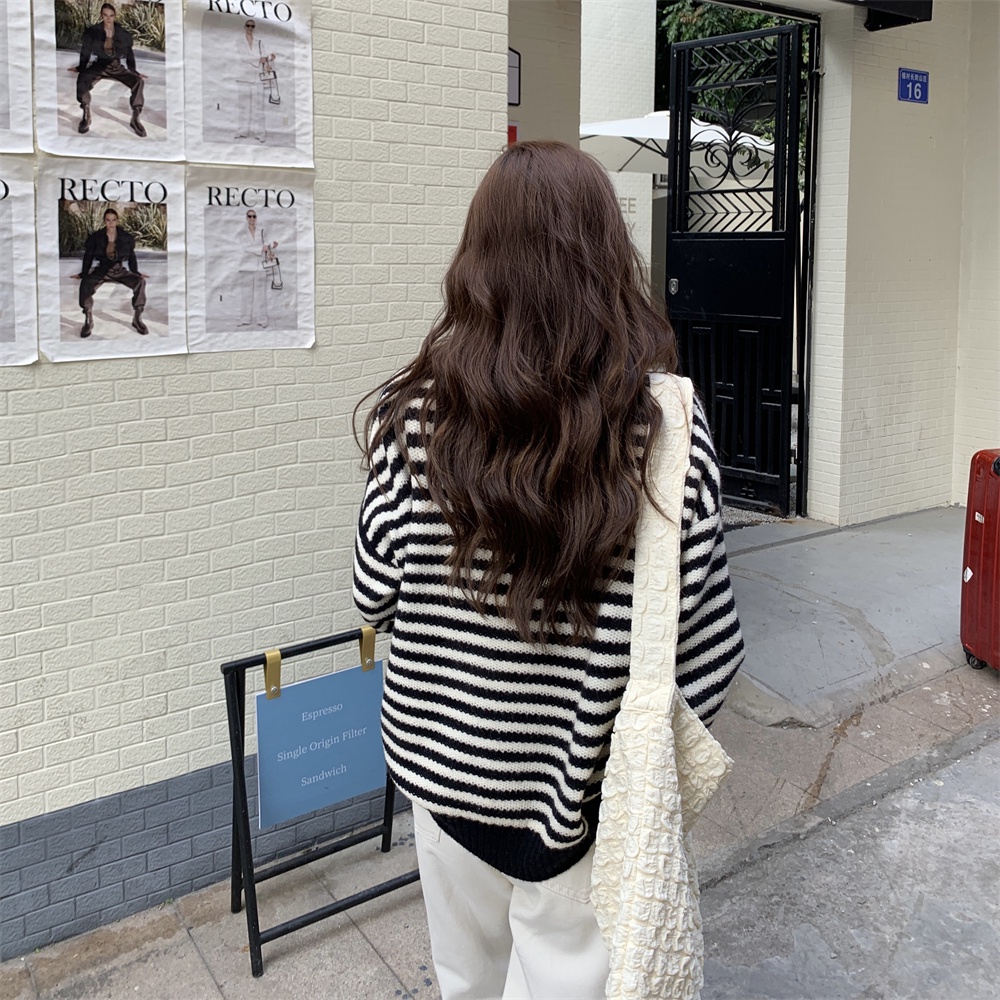 ZHELIHANGFEI Áo Len Tay Dài Form Rộng Họa Tiết Sọc Theo Phong Cách Phương Tây Dễ Phối Đồ