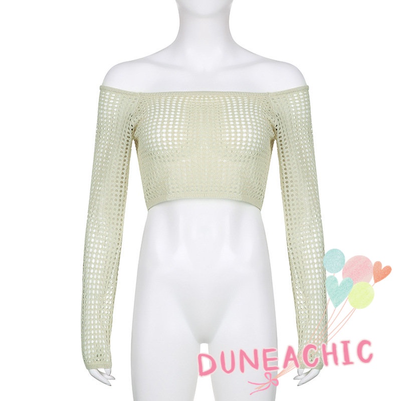 DUNEA Áo Kiểu Tay Dài Trễ Vai Phối Lưới Phong Cách Quyến Rũ