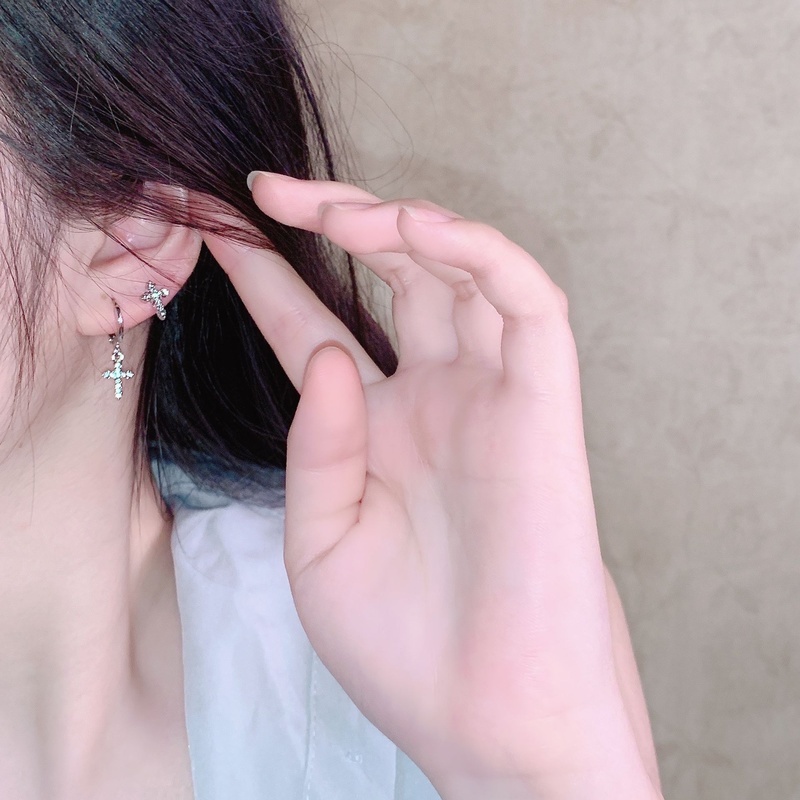 1 Đôi Bông Tai Bạc Hình Thánh Giá Đính Đá Zircon Không Gây Dị Ứng Cho Nữ