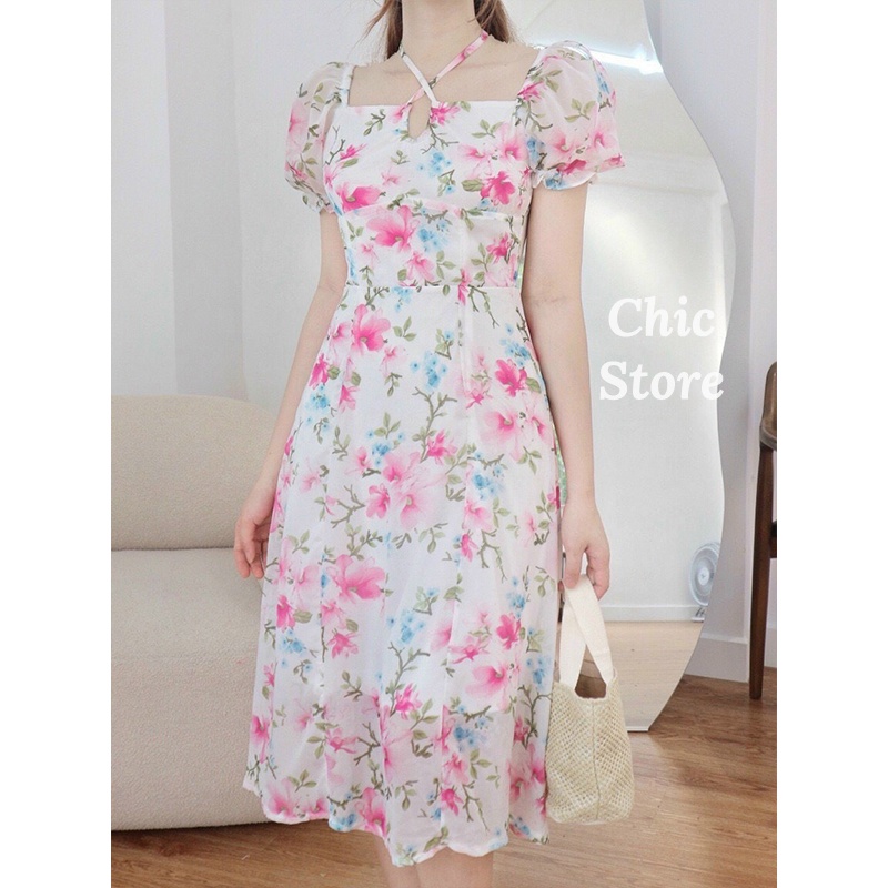 Đầm hoa nhí đi biển, mặc đi tiệc cột cổ sang trọng Chic.Store