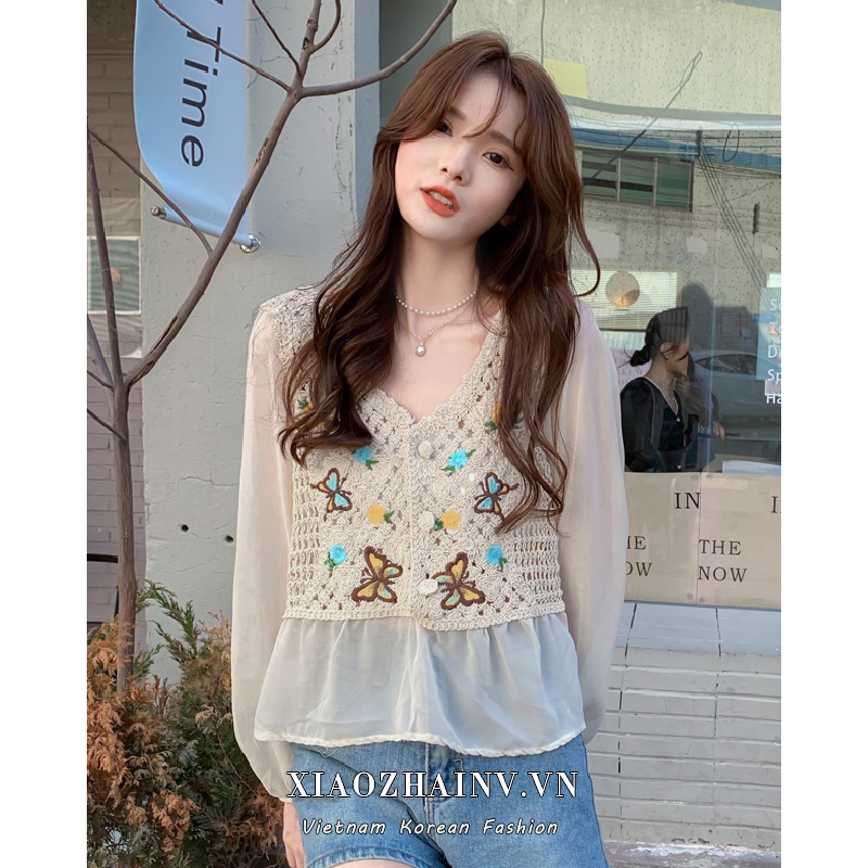 Xiaozhainv Áo Khoác Cardigan Tay Dài Phối Ren Hoa Thời Trang Hàn Quốc Cho Nữ
