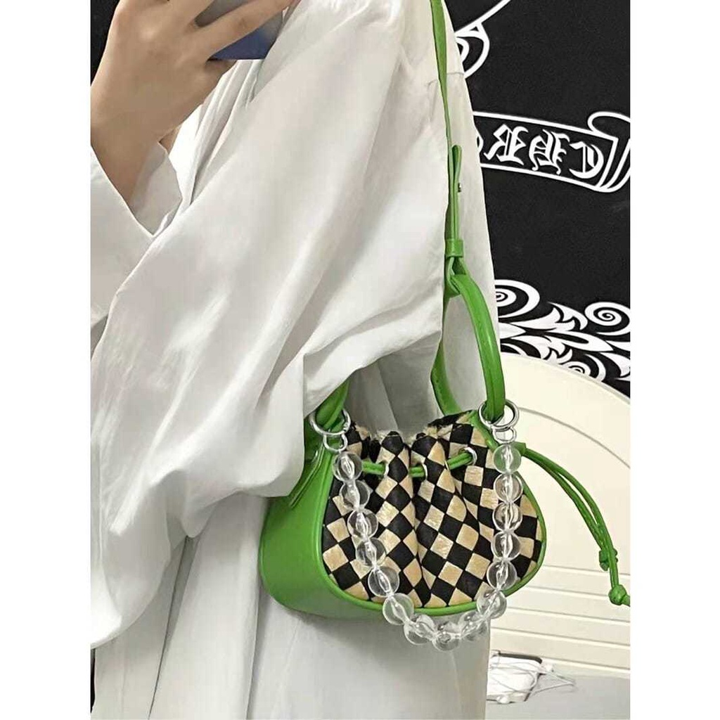 Túi đeo chéo Mini họa tiết sọc caro phong cách Retro