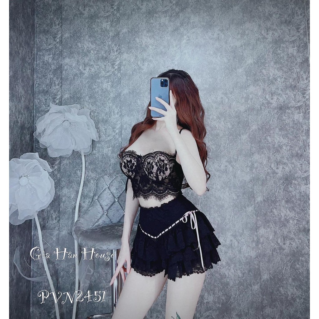 Set áo crop quần ren tầng