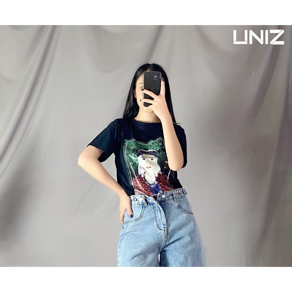 Áo Phông Nữ Hình Cô Gái UNIZ (3 Kiểu), Unisex, Dáng Dài, Cộc tay, Cổ Tròn, Form Rộng, Vải Cotton, In Hình CHỐNG BONG