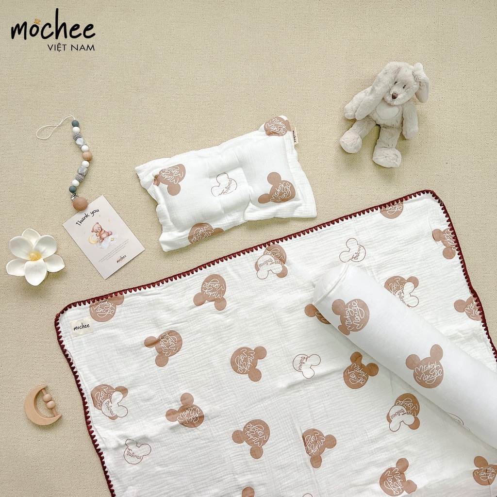 Chăn xô cho bé Mochee kèm gối 100x115cm, chăn xô muslin họa tiết - Monnie Kids