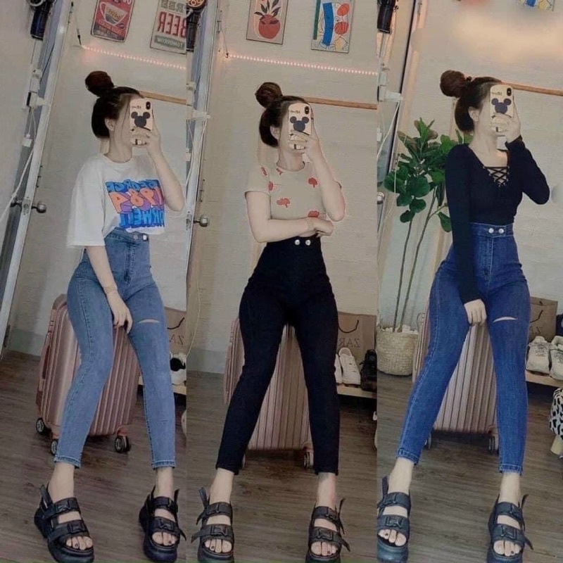 Quần jean skinny 2 cúc Quần bò bó body dáng ôm cạp cao 2 túi sau