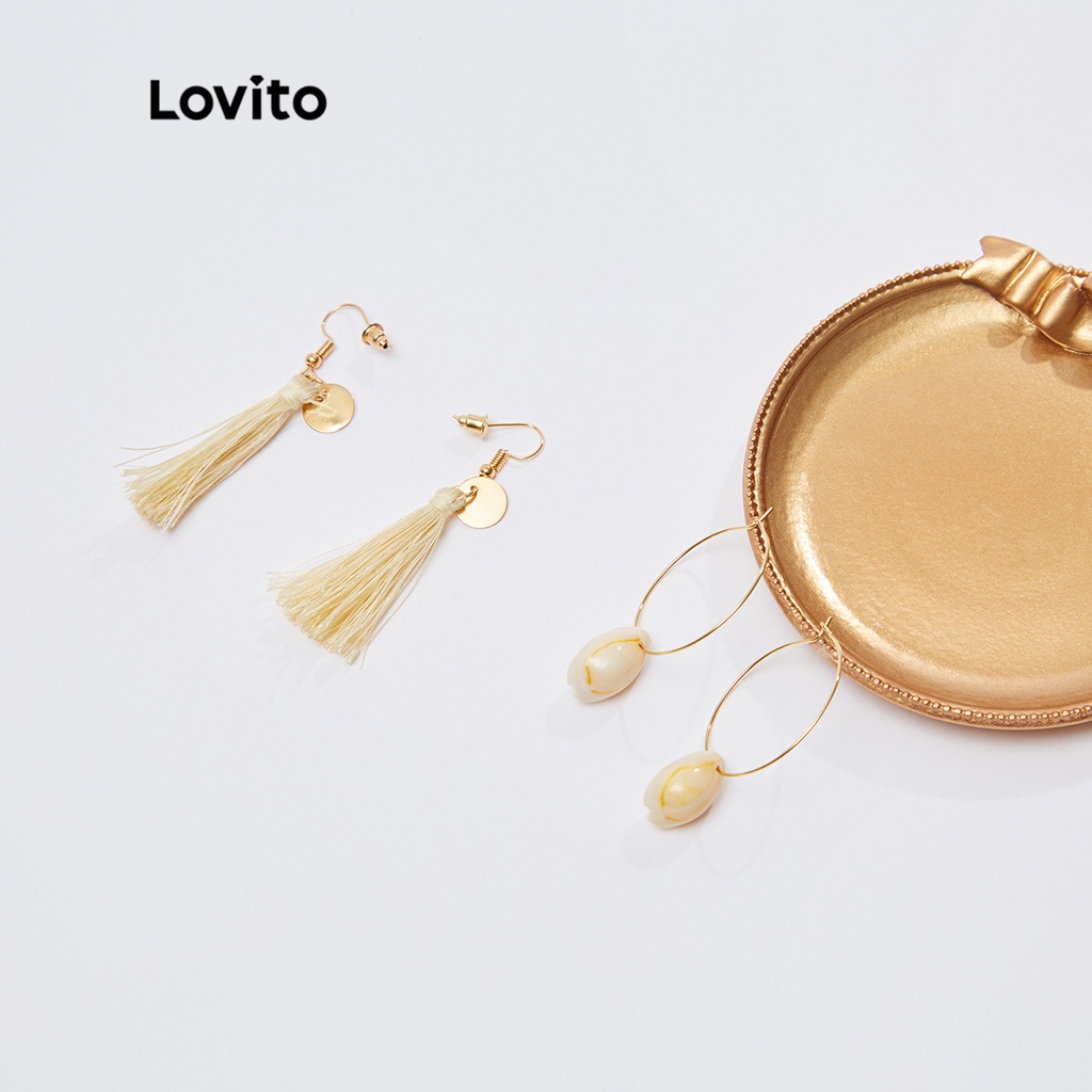 Khuyên tai Lovito bằng kim loại vòng tua rua phối vỏ sò phong cách boho L18M500 (Màu trắng ngà)