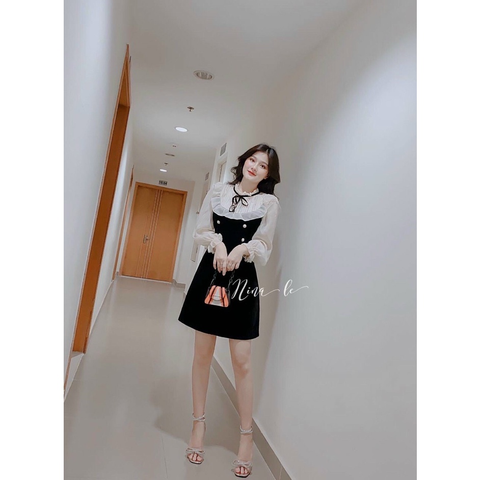Đầm Xòe Dự Tiệc Tay Dài Phối Voan Họa Tiết Cổ Tròn Bèo Trắng Sang Trọng