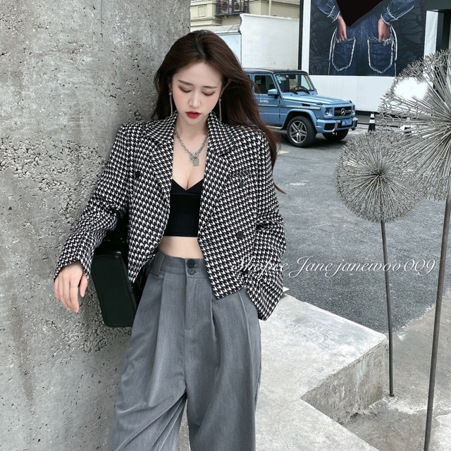 JANE Áo khoác vest croptop kẻ ô Trắng - Đen cá tính J0415 | BigBuy360 - bigbuy360.vn