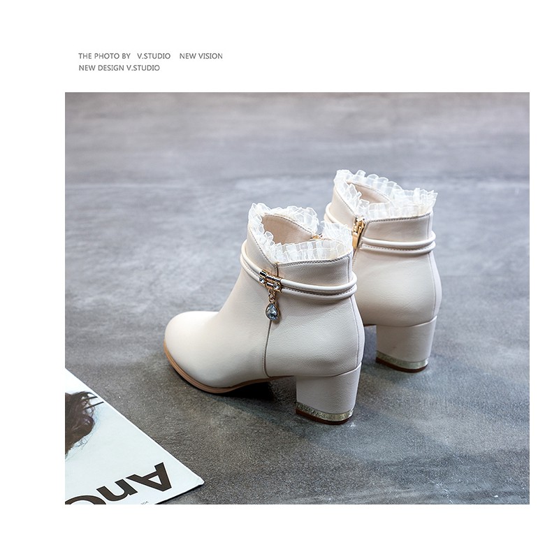 Giày bốt Martin phong cách Hàn Quốc đế cao Xếp cánh hoa Dây kéo bên