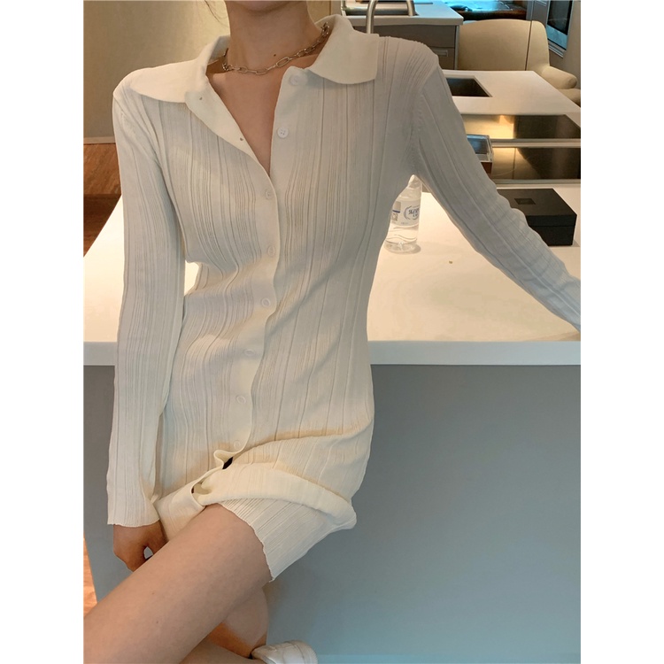 Đầm dệt kim ZHELIHANGFEI tay dài cổ polo quyến rũ thời trang cho nữ