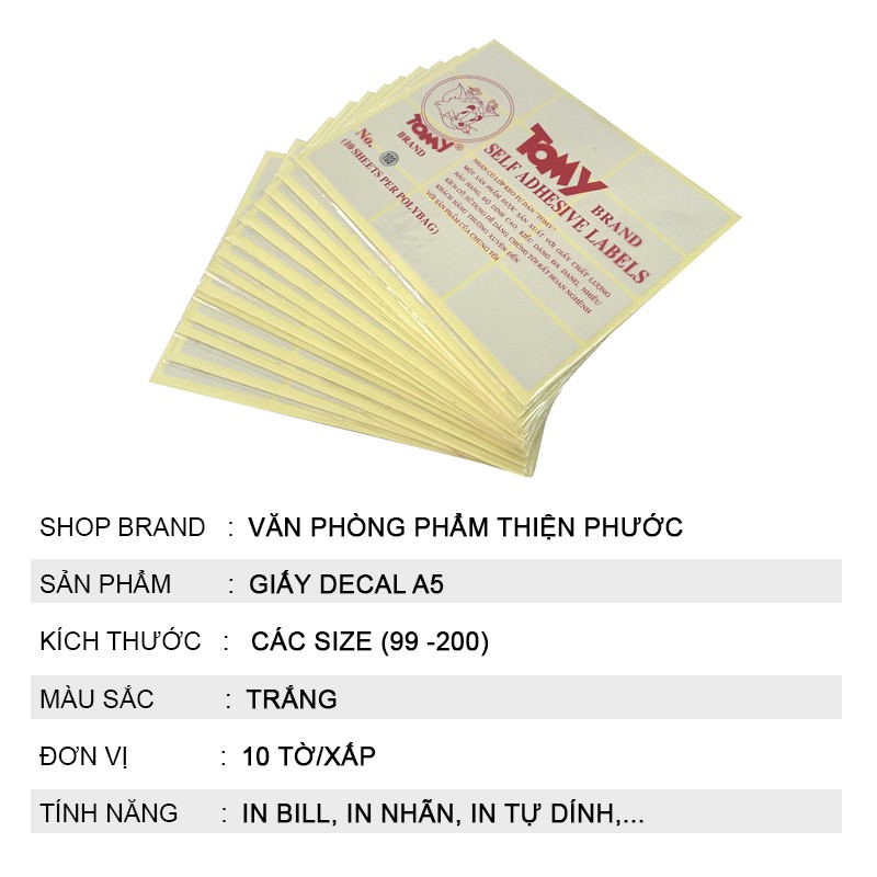 Giấy Decal A5 Tomy trắng có keo tự dán đủ các size  THIỆN PHƯỚC