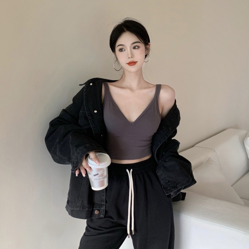 Crop Top Nữ Không Tay Cổ Chữ V Gợi Cảm Với Áo Ngực Gân Liền Mạch