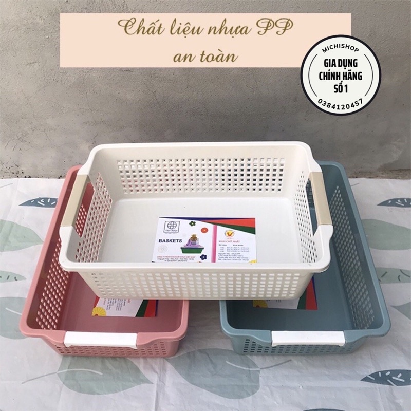 Rổ Nhựa Chữ Nhật 3 Size Có Quai Cầm Đựng Tài Liệu, Đồ Dùng Văn Phòng, Nhà Bếp Đa Năng Nhựa Việt Nhật Cao Cấp