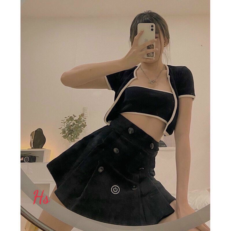 Bộ Áo Croptop Nữ Kèm Yếm Trơn Chạy Viền Siêu Xinh🦋 Set Áo Quây Kèm Crt Ngắn 2 Màu So Hot