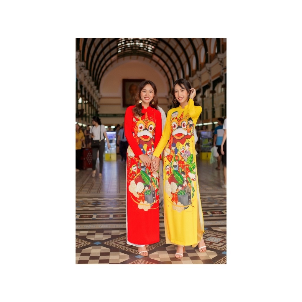 Áo dài truyền thống nữ đỏ vàng cổ cao hở vuông vải lụa hoạ tiết lân tết khai trương có nhiều size | BigBuy360 - bigbuy360.vn