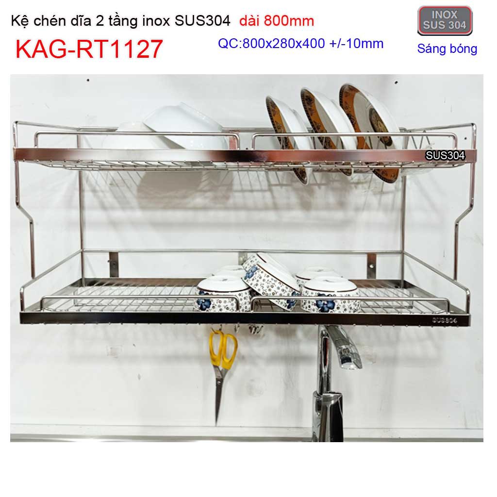 Kệ đựng chén bát inox SUS304, kệ úp chén dĩa 2 tầng dài 80cm KAG-RT1127