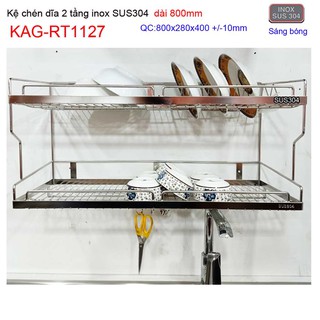 Kệ đựng chén bát inox sus304, kệ úp chén dĩa 2 tầng dài 80cm kag-rt1127