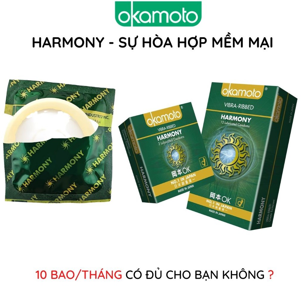 Bao cao su Okamoto Harmony Vibra Gân Rung 10 cái/hộp chống tuột siêu mỏng kéo dài thời gian