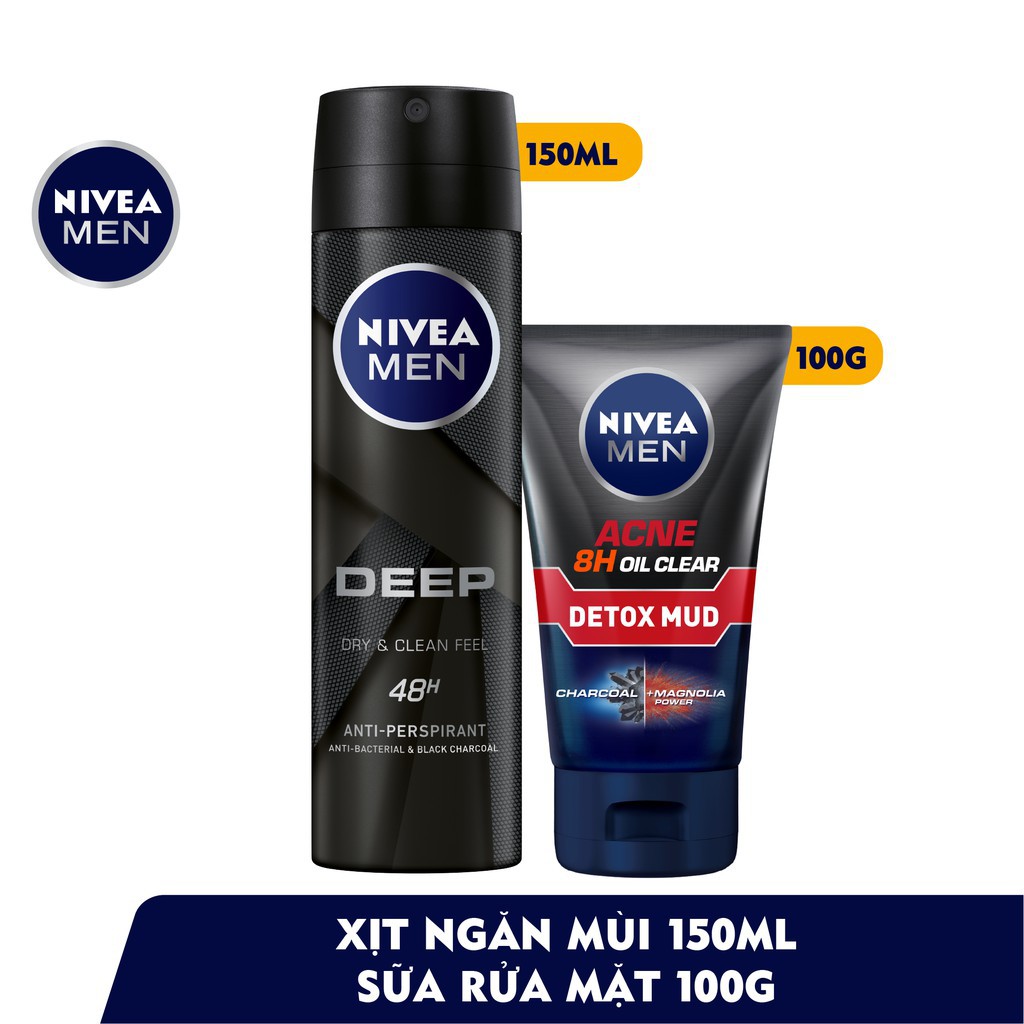 Bộ đôi Nivea Men xịt ngăn mùi than hoạt tính 150ml (80027) & Sữa rửa mặt giảm mụn Detox Mud 100g (83940)