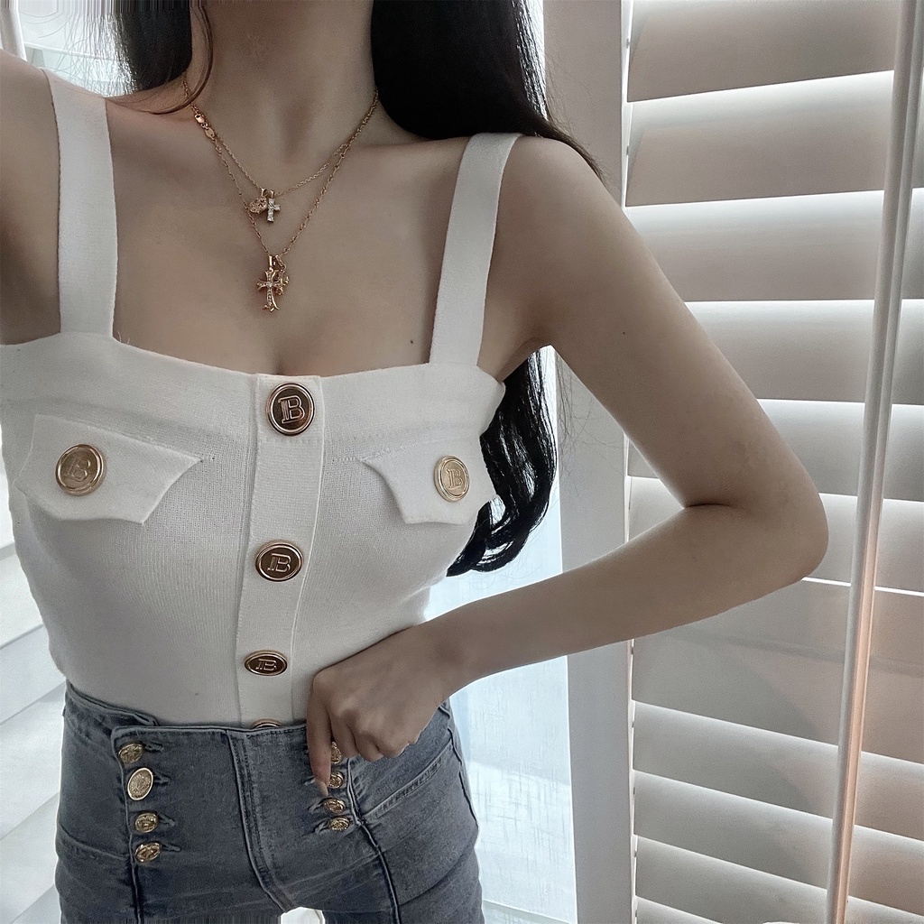 Áo dệt kim sát nách phối nút in chữ kiểu mới cho nữ
