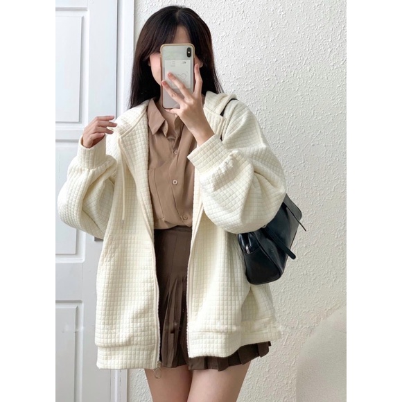 Áo khoác zip hoddie nỉ ô vuông, áo nỉ oversize
