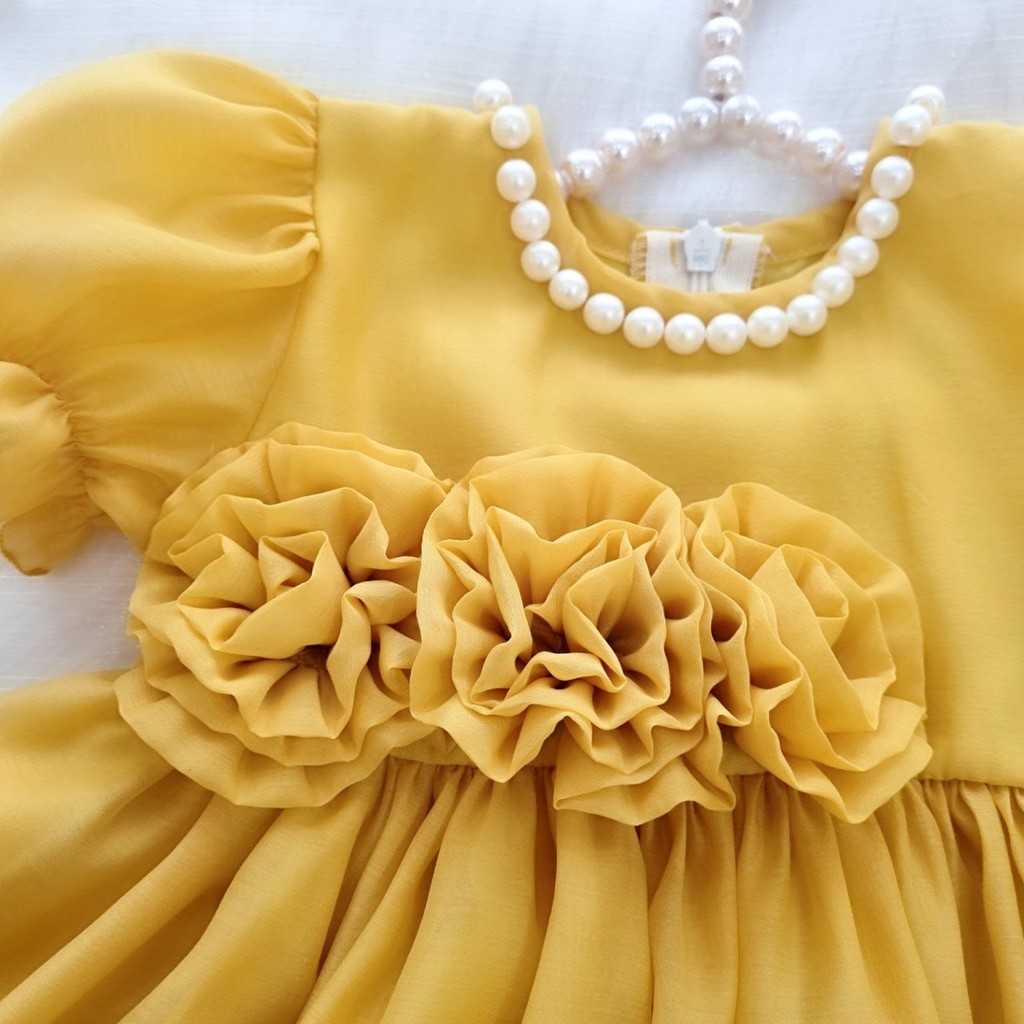 Đầm bé gái trẻ em sơ sinh từ 1-5 tuổi màu vàng kết cườm dáng xòe công chúa đi chơi tiệc Đồ Đầy Tháng Thôi Nôi Sinh Nhật