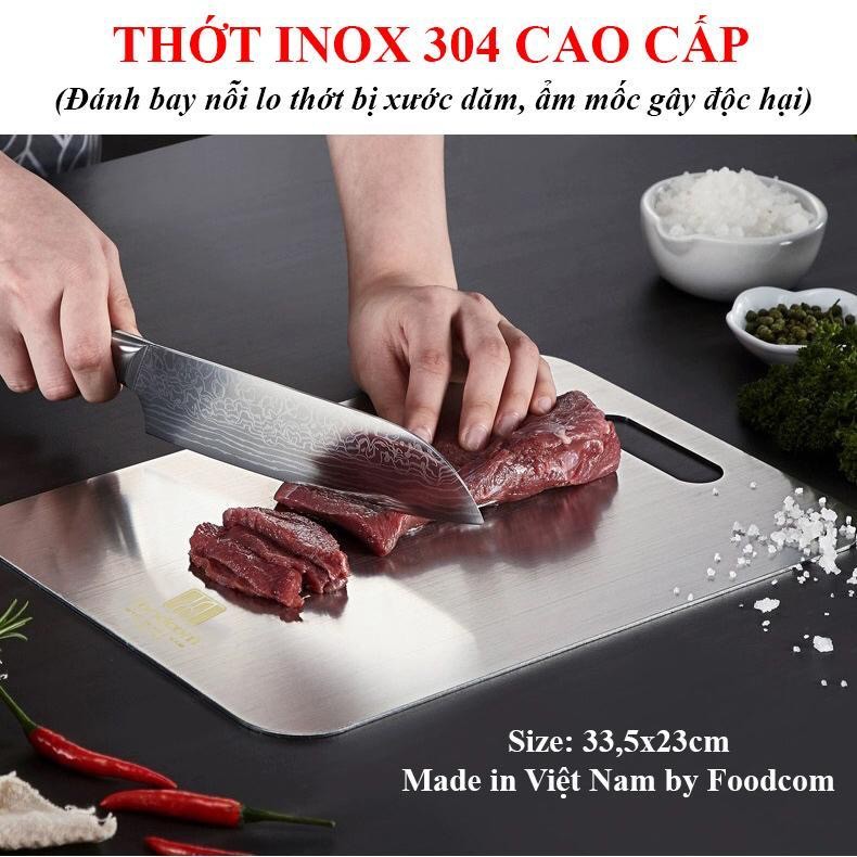 Thớt Inox 304 💝FREESHIP + HOÀN XU💝Chính Hãng Foodcom Việt Nam [Tặng 2 móc treo siêu dính] Size 33cm x 23cm FC008